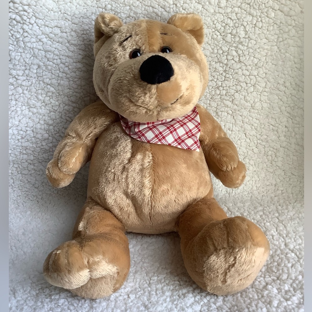 Unbranded 15 inch Tan Plush Bear w Red Checkered Bandanna Stuffed Animal Toy